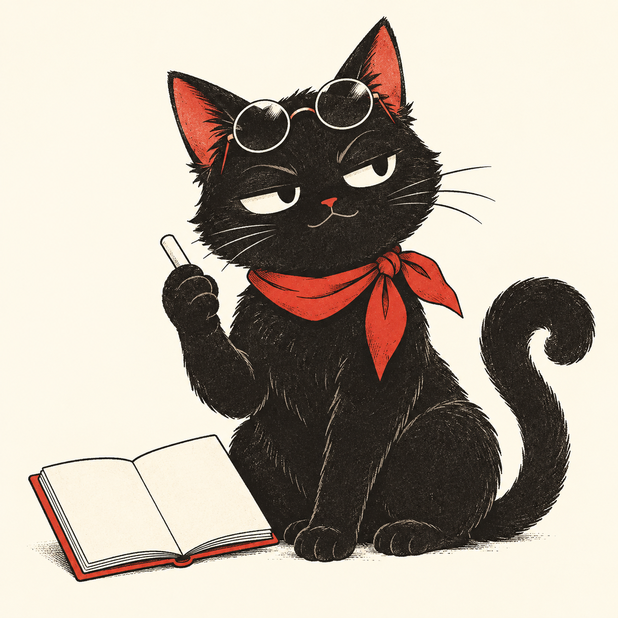 Sensei, an unimpressed black cat with a red scarf, chalk and a notebook